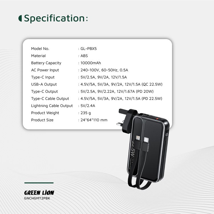 شاحن باور بانك غرين ليون تشارج ميت بقدرة 10000 مللي أمبير PD 22.5W، مدخل طاقة AC، كابلات مدمجة، شاشة رقمية، قابس الولايات المتحدة، قابس الاتحاد الأوروبي، قابس المملكة المتحدة - أسود