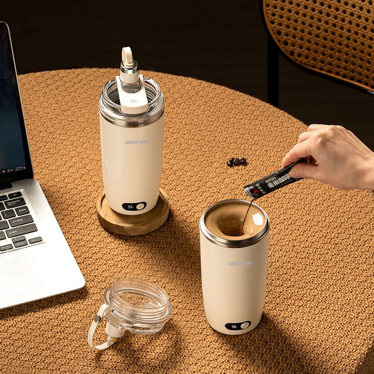 Green Lion Auto-Stirring Mug with 304 Stainless Steel, 30 Seconds Auto Shut-off, Food-Grade Materials, 150 Times Stirring, Portable Handle, Drip-Free Spout, 350mL Capacity, Magnetic Stir Bar - Cream