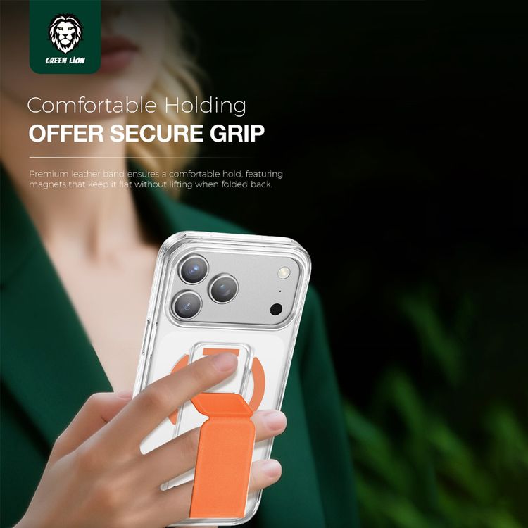 Green Lion MagSafe Leather Grip Case for iPhone 17 Pro, Crystal Clear, Scratch Resistance, Leather Grip Strap, Strong Magnets, Military Grade Protection - Orange Titanium