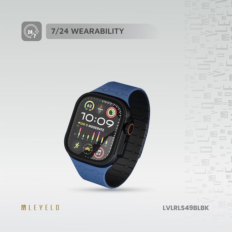 حزام ساعة سيليكون Levelo Royallink ثنائي اللون لساعة Apple Watch بحجم 49/46 مم، مصنوع من مواد مضادة للحساسية، يحتوي على 32 مغناطيس مدمج، مقاوم للماء والعرق، يتميز بقوة التثبيت المغناطيسي، سهل التركيب - أزرق / أسود.