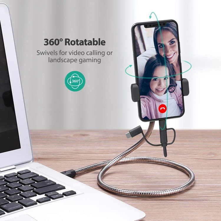 راف باور طقم شحن 3 في 1 بطول 0.6 متر متوافق مع لايتنينغ ، تايب سي و ميكرو يو اس بي رأس موصل من أجل خالي من العيوب ، حامل هاتف قابل للدوران 360 درجة على لوحة القيادة مناسب لأجهزة ايفون و ميكرو يو اس بي و تايب سي