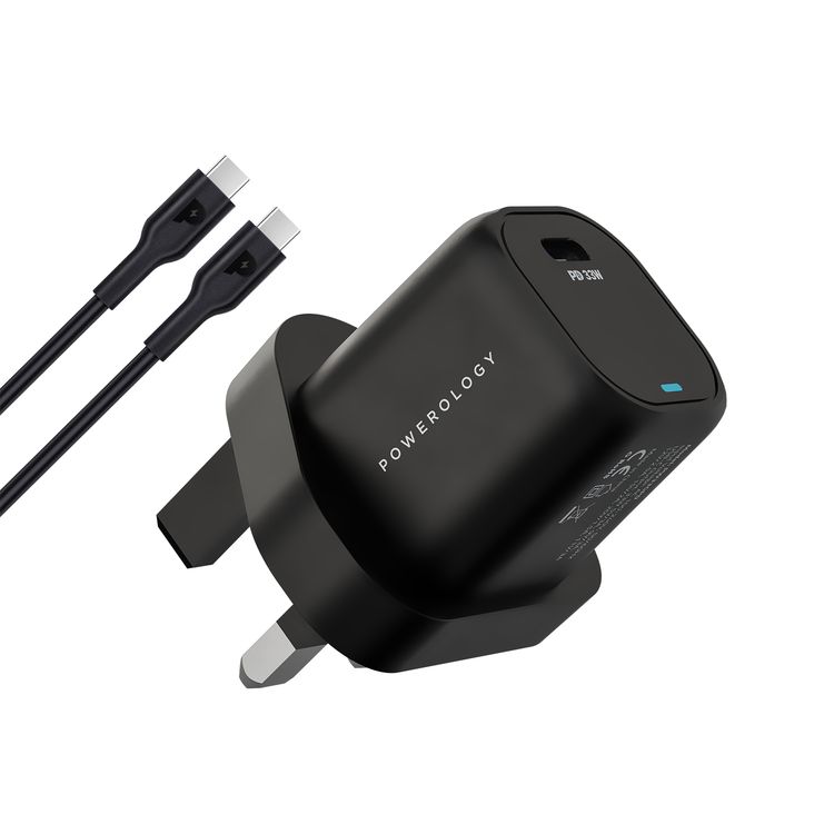 Powerology 33W GaN PD Charger with 1.2m USB-C to USB-C Cable, UK 3-Pin Plug, Built-in Safeguards, 0%-60% Charge in 30 Minutes, USB-C Fast Charging - Black