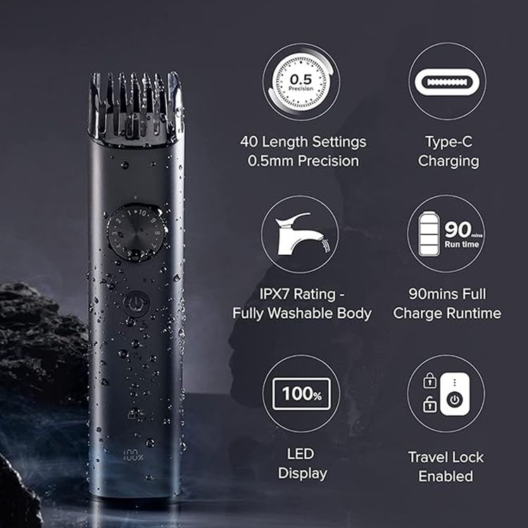 مجموعة العناية الشخصية Xiaomi Grooming Kit Pro مع وظيفة السلك واللاسلكية، حتى 90 دقيقة من وقت العمل، بطارية ليثيوم أيون بسعة 800 مللي أمبير في الساعة، 40 إعداد طول، دقة قص تصل إلى 0.5 مم، شحن سريع، قفل للسفر، مستوى مقاومة الماء IPX7 - باللون الأسود.