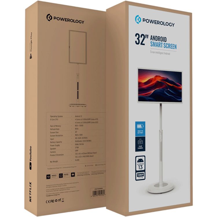 باورولوجي شاشة أندرويد ذكية مقاس 32 بوصة بسعة بطارية 15000 مللي أمبير، كاميرا 13 ميجابكسل، نظام تشغيل أندرويد 13، دقة شاشة 1920 × 1080 بكسل - باللون الأبيض.