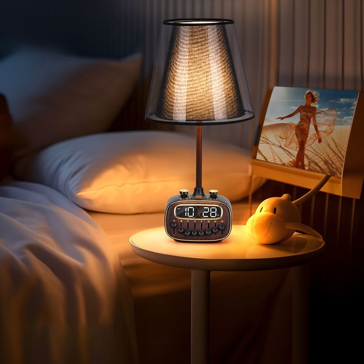 Porodo Retro Desk Lamp White-Noise & BT Speaker, Alarm and Snooze Function, Screen Display, 3 Brightness Levels (Low, Medium, High), Charging Ability, 8 Nature Sounds, USB-A Charging Port - Black 