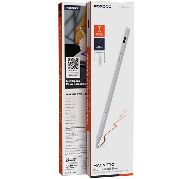 قلم بورودو مغناطيسي لجهاز آيباد، حجم رأس 1.2 ملم، 9 ساعات من العمل المستمر، مصنوع من سبيكة الألومنيوم، منفذ شحن USB-C، بطارية 130 مللي أمبير، متوافق مع نماذج آيباد من 2018 إلى 2024، بدون تأخير، شحن سريع - أبيض