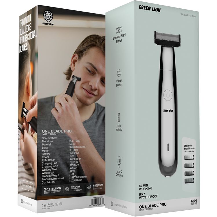 Green Lion One Blade Pro Hair Trimmer with 4 Interchangeable Combs, Up to 60 Minutes Working Time, 6500RPM Motor Speed, LED Indicator, Stainless Steel Blade - Black