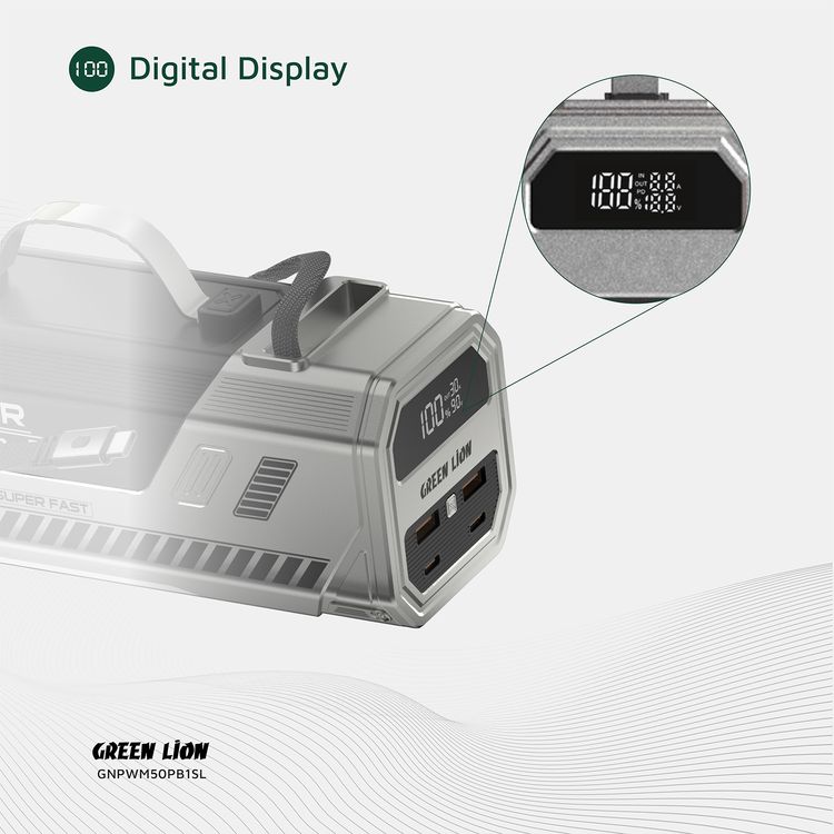 Green Lion Power Max 100W 50000mAh Power Bank with Built-in 1.5m Retractable Cable, 2× USB-A, 2× USB-C Ports, Digital Display, LED Flash Light - Silver