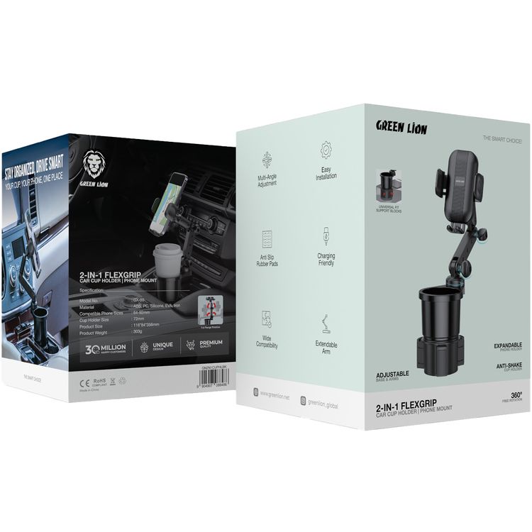 Green Lion 2-in-1 Flexgrip Car Cup Holder & Phone Mount, Expandable Phone Holder with Support Blocks, 64-92mm Phone Size Compatibility, Adjustable Base & Arms with 360° Rotation, Anti-Slip Rubber Pads, Anti-Shake & Universal Fit - Black