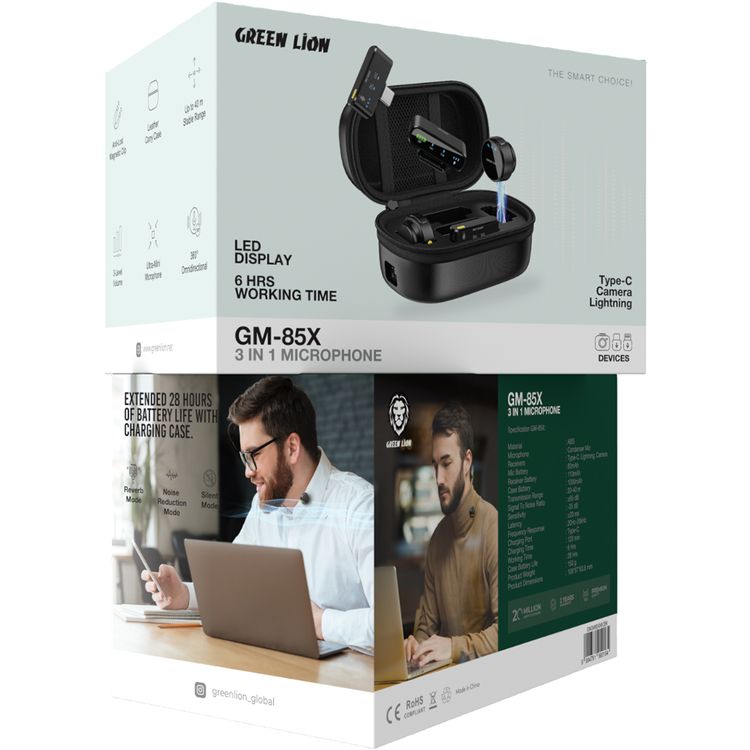 Green Lion GM-85X 3-in-1 Wireless Microphone with 360° Omnidirectional, Type-C and Camera and Lightning Devices, Reverb Mode, 20-40m Transmission Range, 6 Hours Working Time, 28 Hours Case Battery Life, Type-C Charging Port, 120 Minutes Charging Time, LED Display - Black