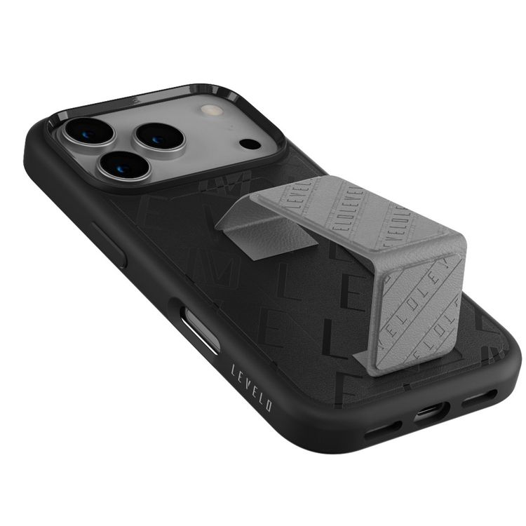 Levelo Morphix Vallo Faux Leather GripStand Case for iPhone 17 Pro Max, MagSafe & Magnetic Compatibility, Horizontal & Vertical Stand Positions, True Microfiber Interior Lining, Shock-Resistant Bumper, Strong Magnets - Charcoal Storm