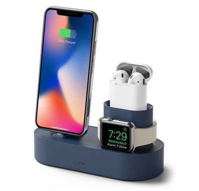 Elago 3 in 1 Charging Hub, 3-in-1 Charging Station, Compatible for iPhone, Airpods & Smartwatch, High Quality Silicone Material, Durable, Prevents Cluttering of Cables-Jean Indigo