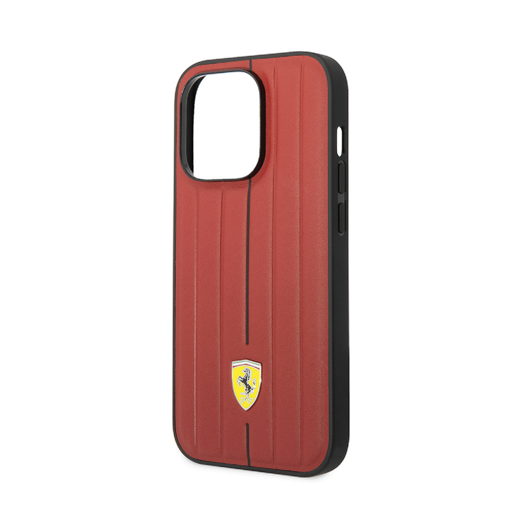 Ferrari Leather Case With Embossed Stripes & Yellow Shield Logo - iPhone 14 Plus - Red
