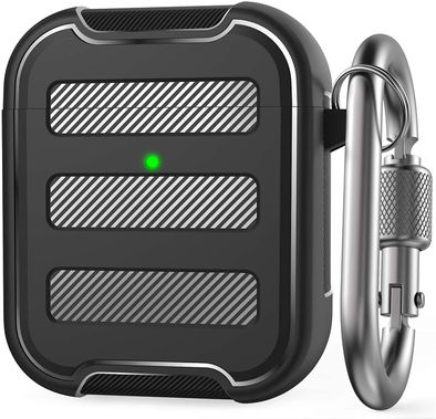 AhaStyle Rugged Armor Premium TPU Case with Anti-Lost Carabiner Compatible for AirPods 1/2, Hard-Shell Protective Cover, Scratch Resistant, Shock Absorption, Drop Protection, & Dustproof Protective Silicone Cover Supports Wireless Charging - Black