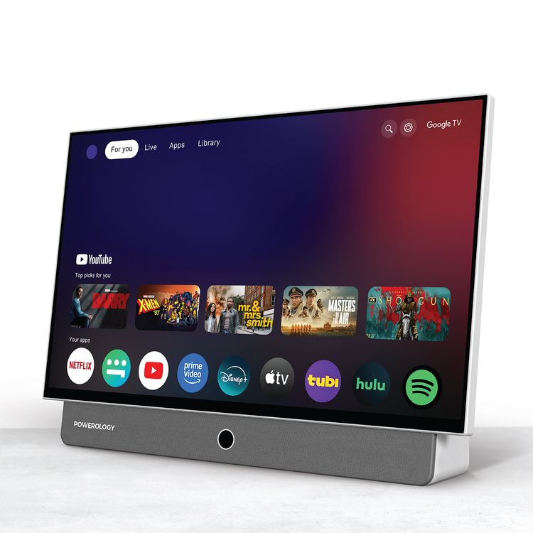 Powerology Portable FHD Smart TV with Active-Matrix LCD Display, 27" Display Size, Android 14, 7 Hours Built-in Battery, Front Speaker, FHD Screen Resolution, Protective Carrying Case - White