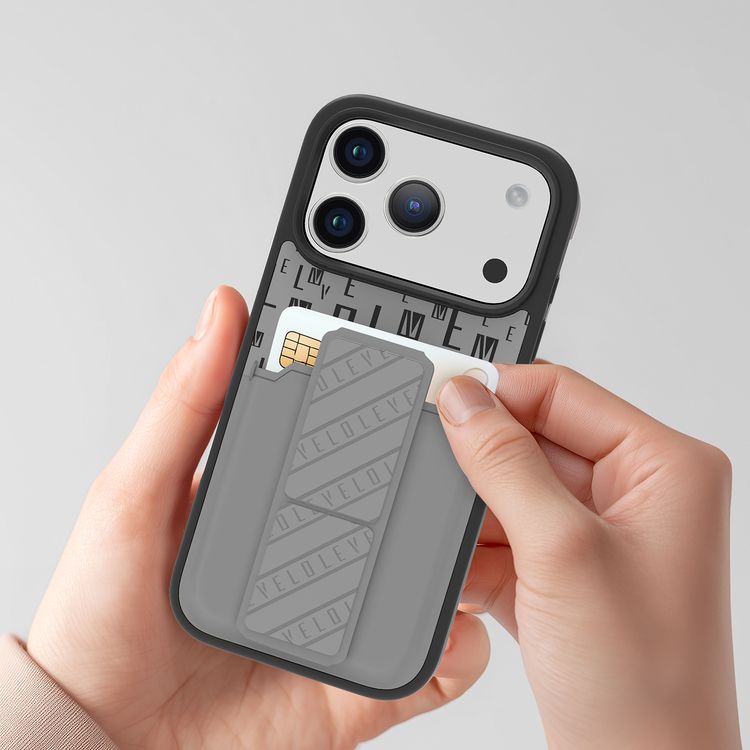 حافظة Levelo Morphix GripStand مع حامل بطاقات لجهاز iPhone 17 Pro، تصميم فاخر مطبوع بعلامة تجارية، ممتصة للصدمات، حواف مرتفعة للكاميرا والشاشة، حامل بحزام مغناطيسي - رمادي سحابي.