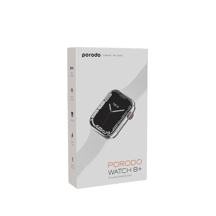 Porodo Smart Watch Series 8+ with Fitness & Activity Tracker, 2" Wide Display, 250mAh Battery Capacity, IP68, 2-3 Days Working Time, Wireless Charging - Silver