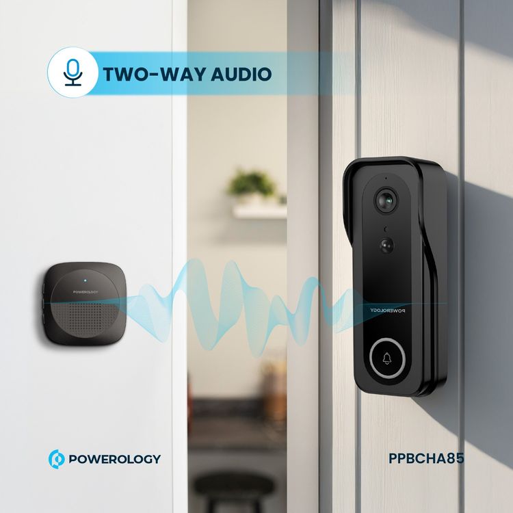 Powerology Smart Camera Doorbell with 3MP Camera Resolution, 5200mAh Battery Capacity, 9 Hours Charging Time, 3 to 8 Months Battery Life, Two-Way Audio, Night Vision - Black