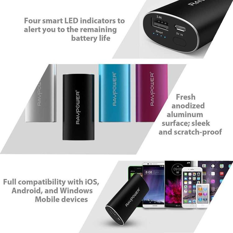 RAVPower Aluminum Power Bank 6700mAh with 2.4A Charging Output & iSmart Technology - Ergonomic Design Portable Charger Powerbank w/ LED Status Indicator & Full Protection - Black