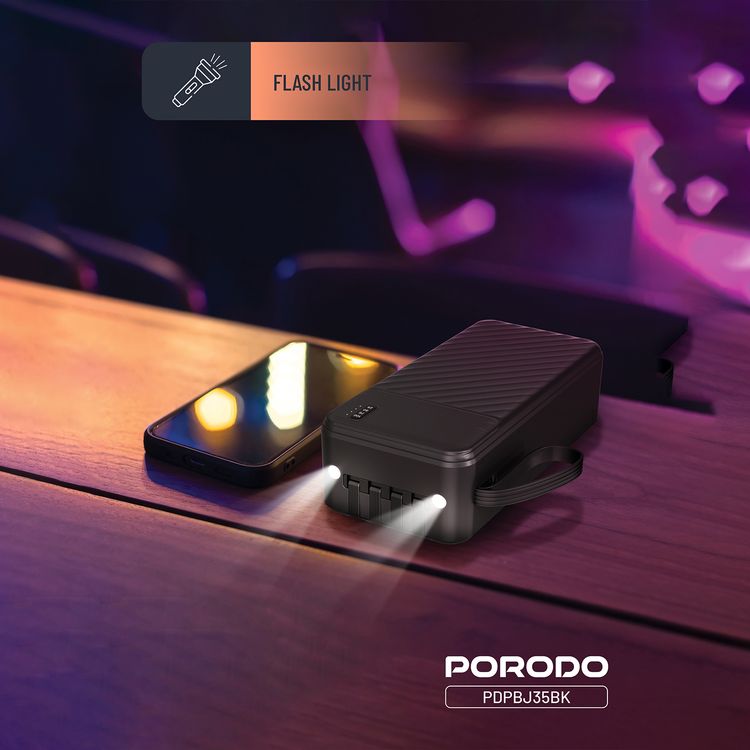 Porodo Piano 30000mAh Power Bank with Flashlight, Portable Handle, Phone Stand, 4 Integrated Cables, USB-A & USB-C & Micro Ports, Fast Charge Support, Universal Compatibility - Black