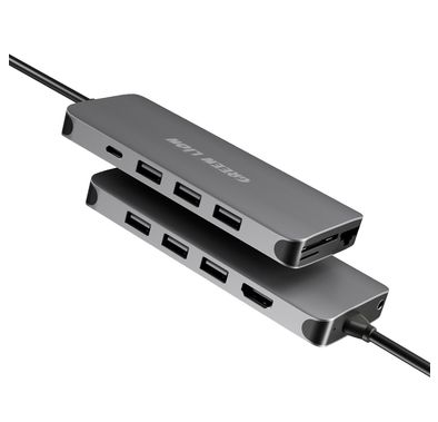 Green Lion 12-in-1 USB-C Hub, Compact & Lightweight Design, PD Charging Up to 100W, Built-in Safety, 6 USB-A Ports, USB-C Port, SD & Micro SD Slot, LAN & HDMI Port, Stereo Port - Gray