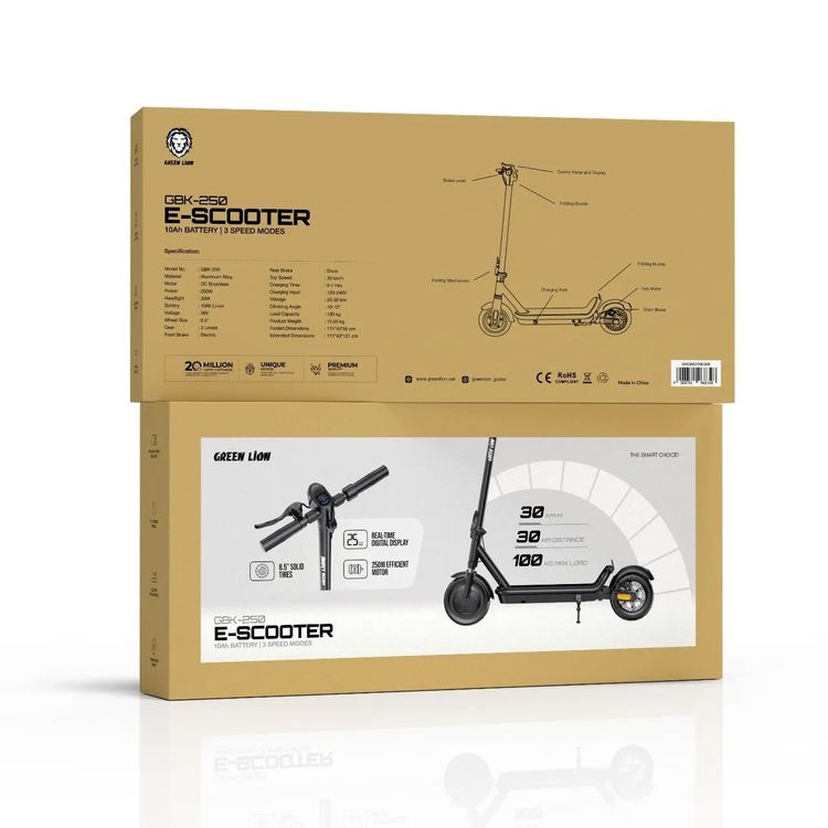 Green Lion GBK-250 E-Scooter with 3-Level Gear System, Drum Rear Brake & Electric Front Brake, 8.5" Wheel Size, User-Friendly Controls, Up to 100 kg Load Capacity, Ergonomic Handlebar, 10-12° Climbing Angle, Real-Time Digital Display, 30km/h Top Speed - Black