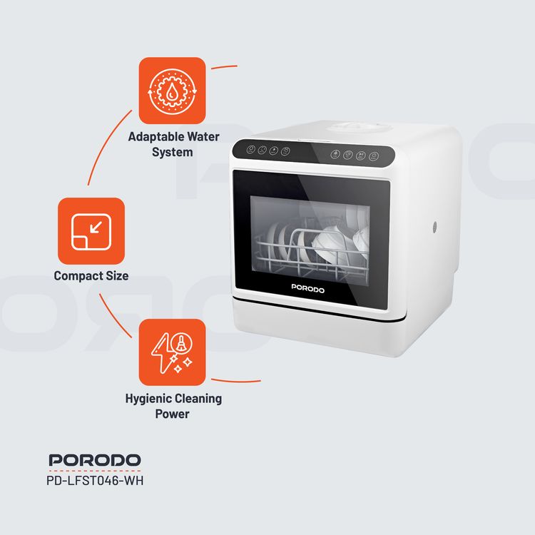 Porodo Lifestyle Counter-Top Dishwasher 220V, 5L Water Tank Capacity, 25L Space Capacity, Hot Air Drying, Hygienic Cleaning Power, UV Sterilization - White