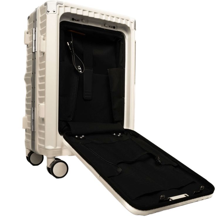 Levelo RoamRollers 20" Travel Luggage with Aluminum Body Material, USB-A & USB-C Output Ports, Metal Corner Protection, Front Pocket Compatible with Up to 15.6" Laptop, Phone and Cup Holder, Silent Spinner Wheels - White