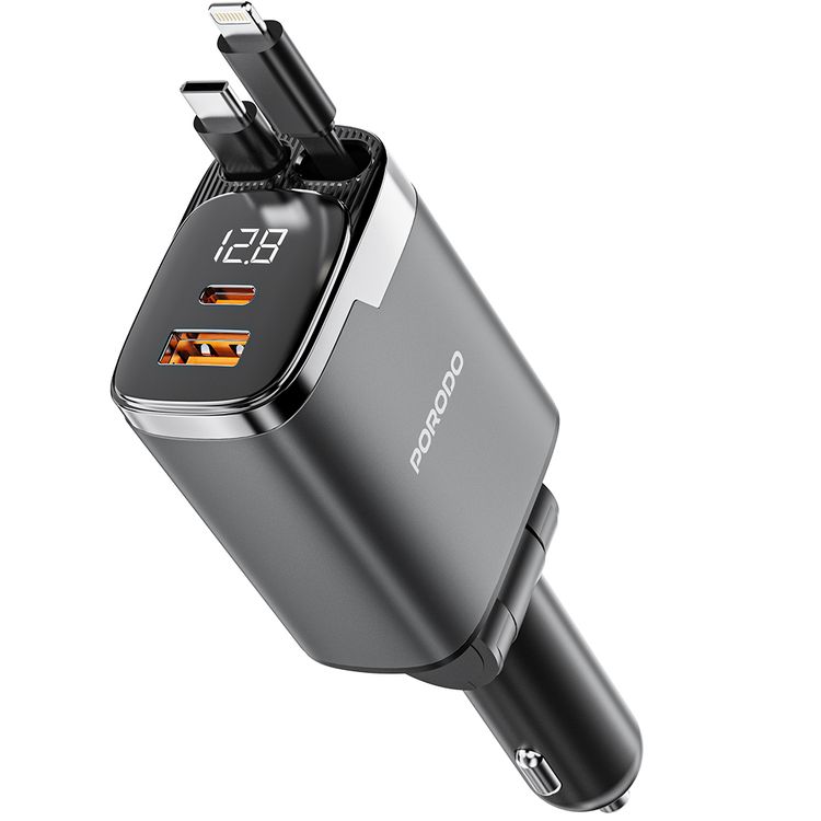 Porodo 45W Car Charger with Foldable Design, LED Voltage Display, 111W Maximum Output, Simultaneous Charging, Fast Charge Support, QC 36W, PD 45W, 80cm Type-C & Lightning Retractable Cables - Black