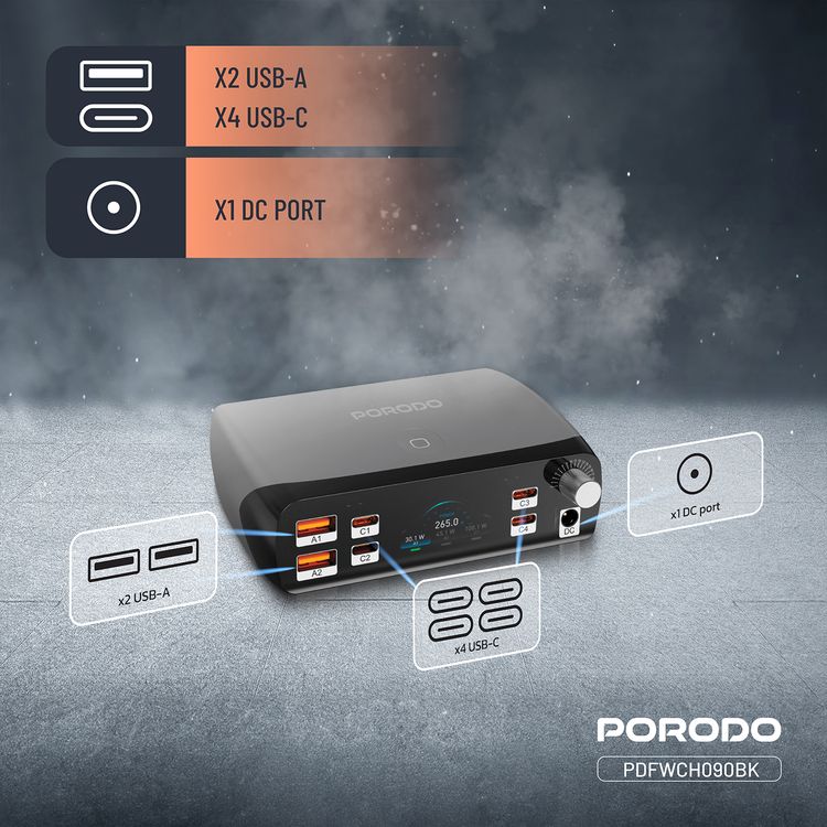 Porodo Powergate Smart Power Station with 7-Port GaN Technology, 252W Total Output, 100W Max USB-C1 & C2 Output, 45W Max USB-C3 & C4 Output, 12W Max USB-A1 Output, 30W Max USB-A2 Output, Universal Device Support, Smart Power Distribution, Multi-Device Charging, Real Time Display - Black