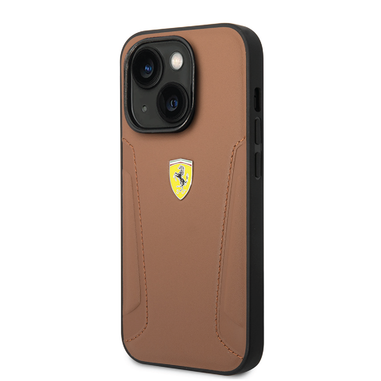 Ferrari Leather Case With Hot Stamped Sides & Yellow Shield Logo - iPhone 14 - Camel
