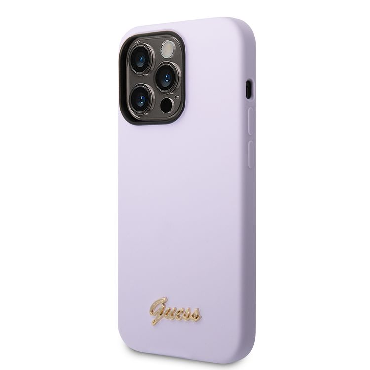 Guess Liquid Silicone Case With PC Camera Outline & Script Metal Logo - iPhone 14 Pro - Purple