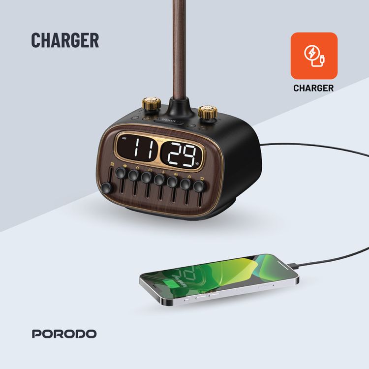 Porodo Retro Desk Lamp White-Noise & BT Speaker, Alarm and Snooze Function, Screen Display, 3 Brightness Levels (Low, Medium, High), Charging Ability, 8 Nature Sounds, USB-A Charging Port - Black 
