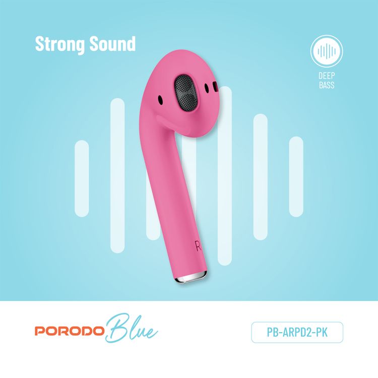 Porodo Blue Deep Bass Wireless Earbuds 2, One-Step Pairing, Comfortable Fit, Independent Earbuds, Touch Control, Deep Bass - Pink