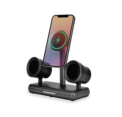 Porodo Speaker Charging Dock with Qi2 Wireless Charging, Compatible with iPhone 12 to 16 Series, 16W Dual Speakers, Built-in Safeguards, HiFi Audio - Black