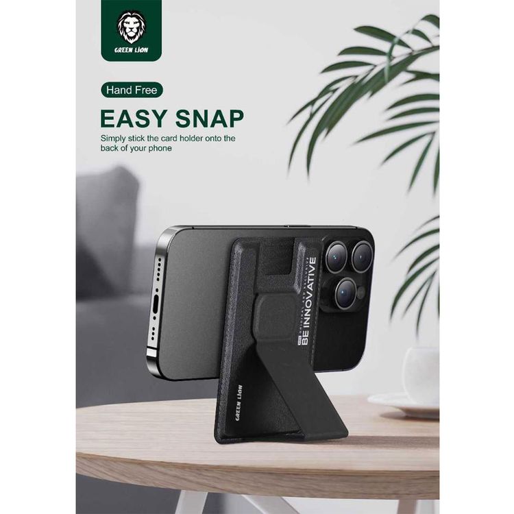 Green Lion Innovative MagSafe Wallet with Built-in Kickstand, Leather Material, Magnetic Fold Down, Snap-On Design, Maximum Two-Card Capacity - Black