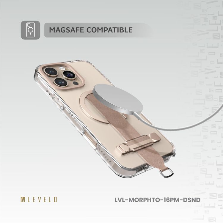 Levelo Morphix Trio Case for iPhone 16 Pro Max with Built-in Kickstand, Metal Camera Edge, MagSafe Compatible, Impact-Resistant Corners, Grip Strap & Metal Hook, Anti Yellowing - Desert Sand