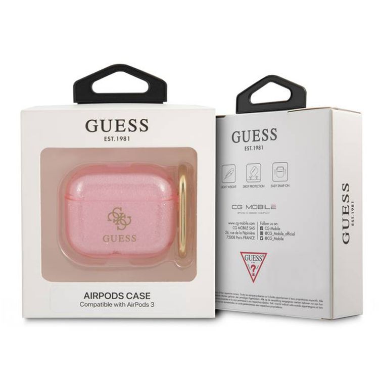 Guess Colored Glitter Case for AirPods 3, TPU, Drop Protection, Easy Snap-On, Practical Handle for Attachment - Pink
