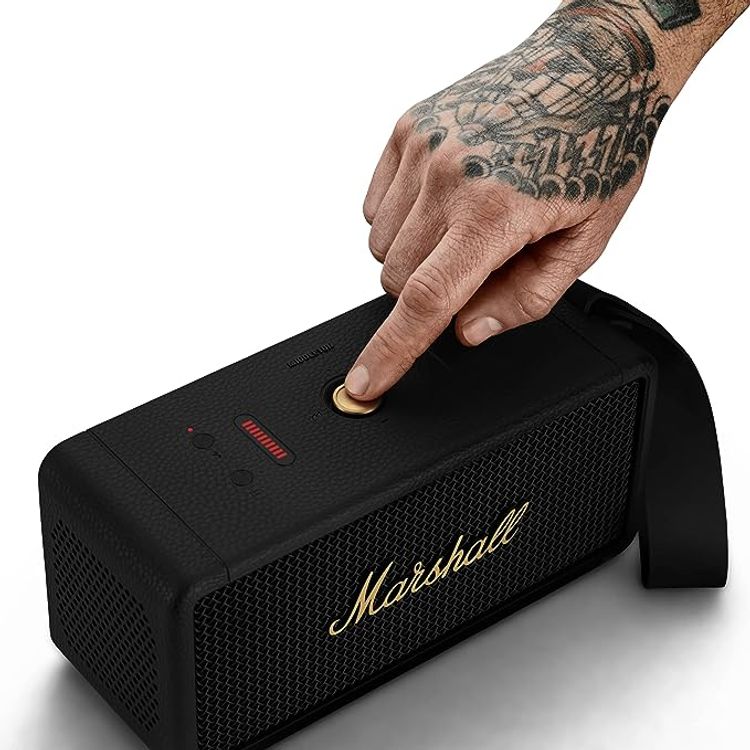 Marshall Middleton Portable Wireless Bluetooth Speaker, 20 Hours Playing Time, Bluetooth 5.1, Bluetooth Range 10m, 4.5 Hours Charging Time, AUX, Multi Host, True Stereophonic - Black / Brass