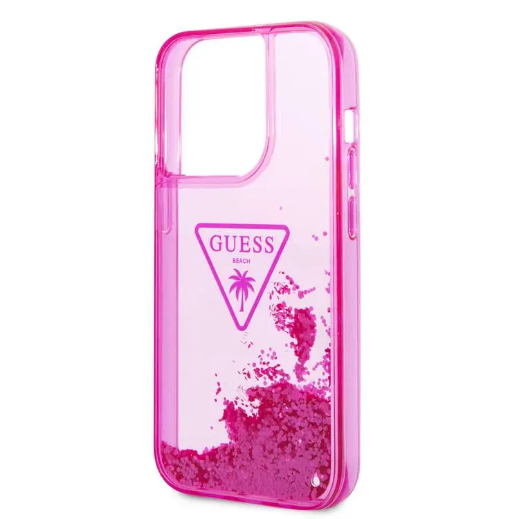 Guess Liquid Glitter Case with Triangle  Translucent Logo - Fuchsia - iPhone 15 Pro