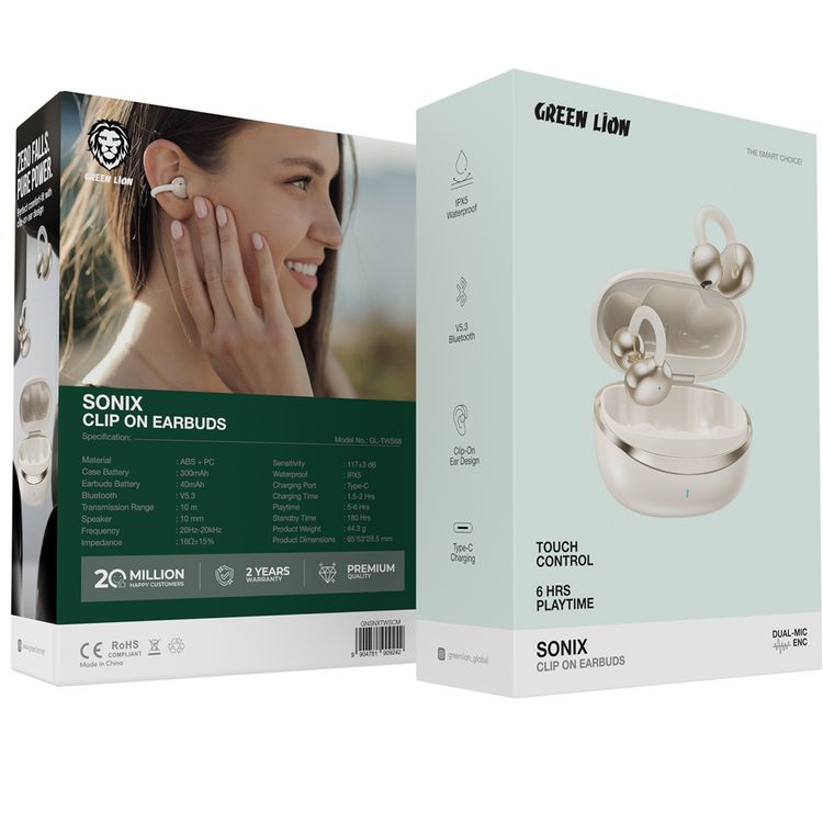 سماعات الأذن Green Lion Sonix Clip مع إلغاء الضوضاء البيئية، حتى 6 ساعات من التشغيل، نطاق نقل 10 أمتار، تصنيف مقاومة الماء IPX5، تحكم باللمس - لون كريمي