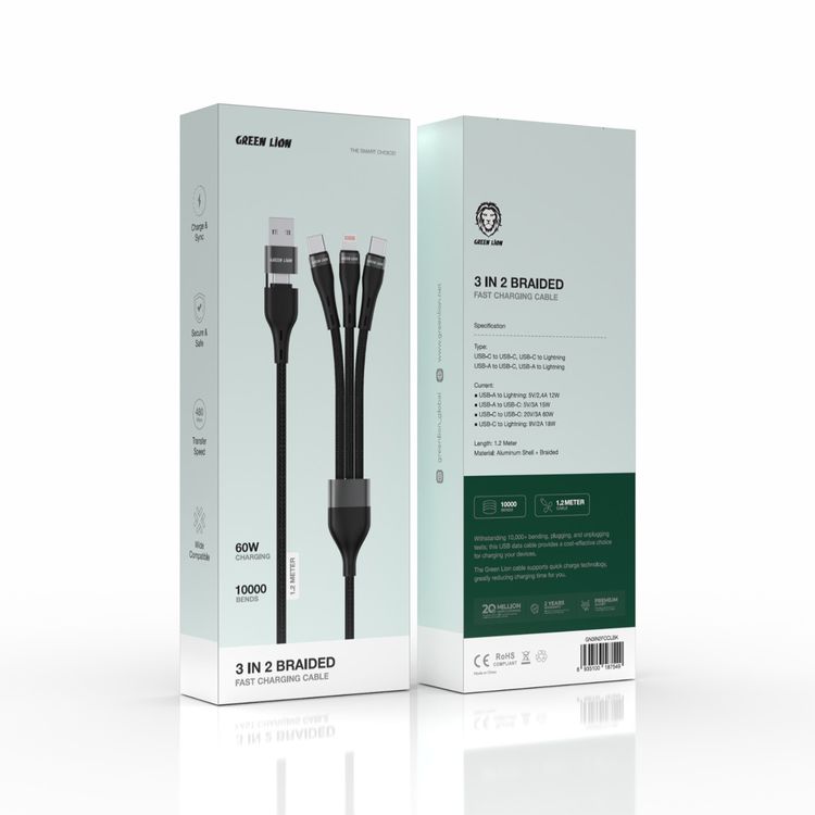 كابل مضفر من Green Lion مع منفذ USB-C إلى منفذ USB-C مزدوج، ومن USB-A إلى منفذ USB-C مزدوج، ومن USB-A إلى Lightning، ووصلات USB-C إلى Lightning، بطول 1.2 متر، وسرعة نقل بيانات 480 ميجابت في الثانية، و10000 ثنية، وآمن، وشحن ومزامنة، وتوافق واسع، وشحن سريع - أسود