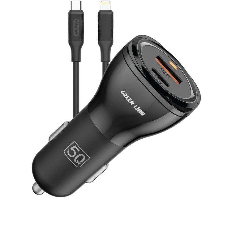 Green Lion Dual Port Car Charger with USB-C to Lightning Cable, PC Flame Retardant Materia, Fast Charging, QC 20W & PD 30W Output Ports, Ultra Portable - Black