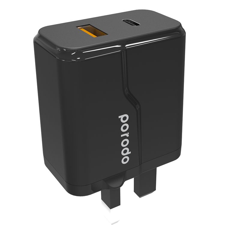 Porodo Dual Port Wall Charger with 20W Power Delivery, QC 18W, Fire Retardant Material, Overcurrent Protection, UK 3-Pin Plug, Built-in Protective Mechanisms - Black