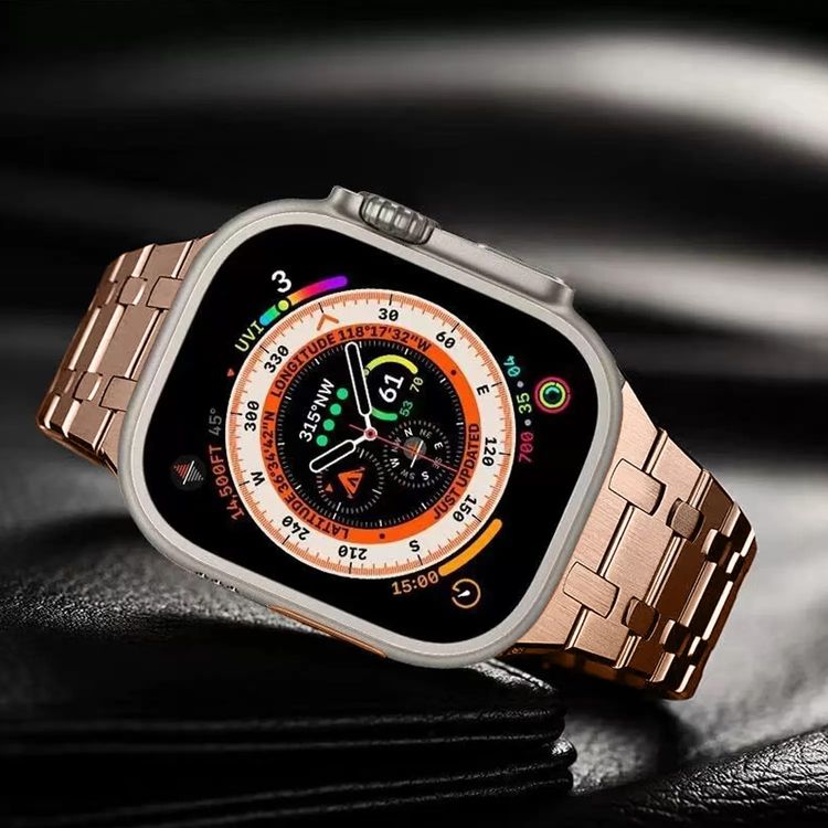 Levelo Royal Link Stainless Steel Watch Strap with Adjustment Tool for Apple Watch 49/45mm, Compatible with SE, Series 8, 7, 6, 5 & 4, Hypoallergenic Material - Rose Gold
