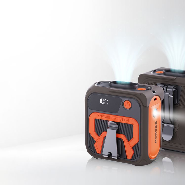 Porodo Lifestyle Multifunction Cooling Waist Fan with 10000mAh Power Bank, Flash Light, Powerful Wind, Digital Display, 5 Speed Levels, 40 Hours Working Time, 4 Hours Charging Time, Neck Strap - Orange / Brown