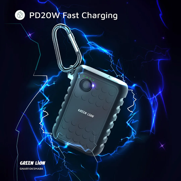 Green Lion Armor Power Bank with 10050mAh Capacity, PD 20W Max Type-C Output, 18W Max USB-A Output, 1W LED Power, 130 lm Brightness Flashlight - Black