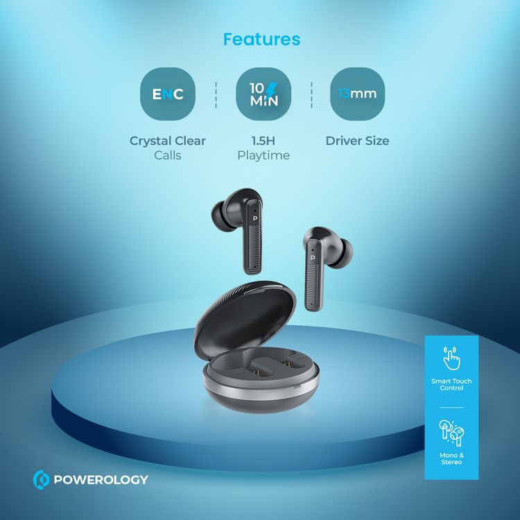 Powerology TWS Earbuds with Quad Mic ENC, 6h Playtime, Bluetooth 5.3, 30minutes Charging Time, 10m Transmission Distance, Type-C Port, Smart Touch Control, Wireless Charging - Black