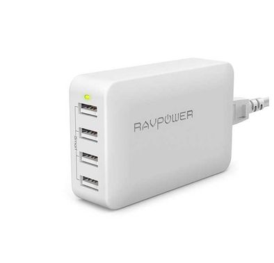 RAVPower 4-Port USB Travel Adapter 40W with Power Cord & Detachable Adapters - Portable & Sturdy Fast Charging Wall Charger with iSmart Technology & Multiple Protection - White