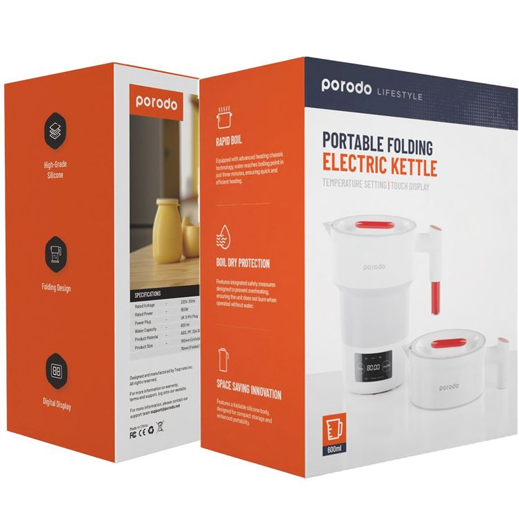 غلاية كهربائية قابلة للطي من بورودو لايفستايل بسعة مياه 600 مل، مع قدرة طاقة 850 واط، وحماية من الغليان الجاف، وشاشة رقمية، وتصميم قابل للطي، مع قابس 3 سنون وفق المعايير البريطانية - اللون الأبيض
